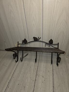 Vtg Brown Wrought Iron Wall Shelf With Hooks Pinecone Accents Farmhouse NWT